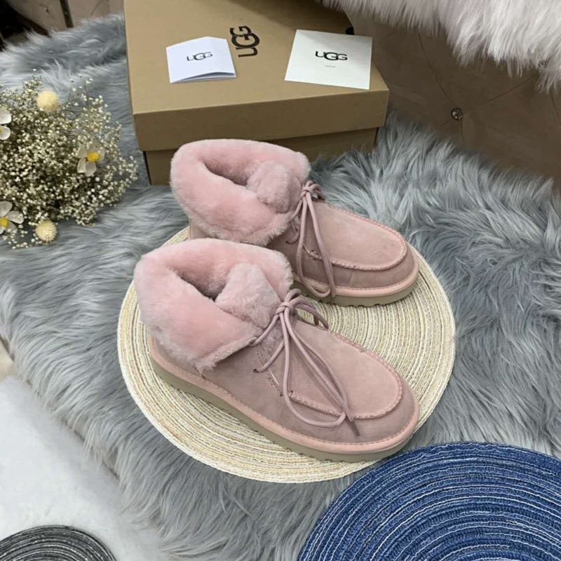 3090 Pink Fluffy-Cuff Lace-Up Ankle Boots
