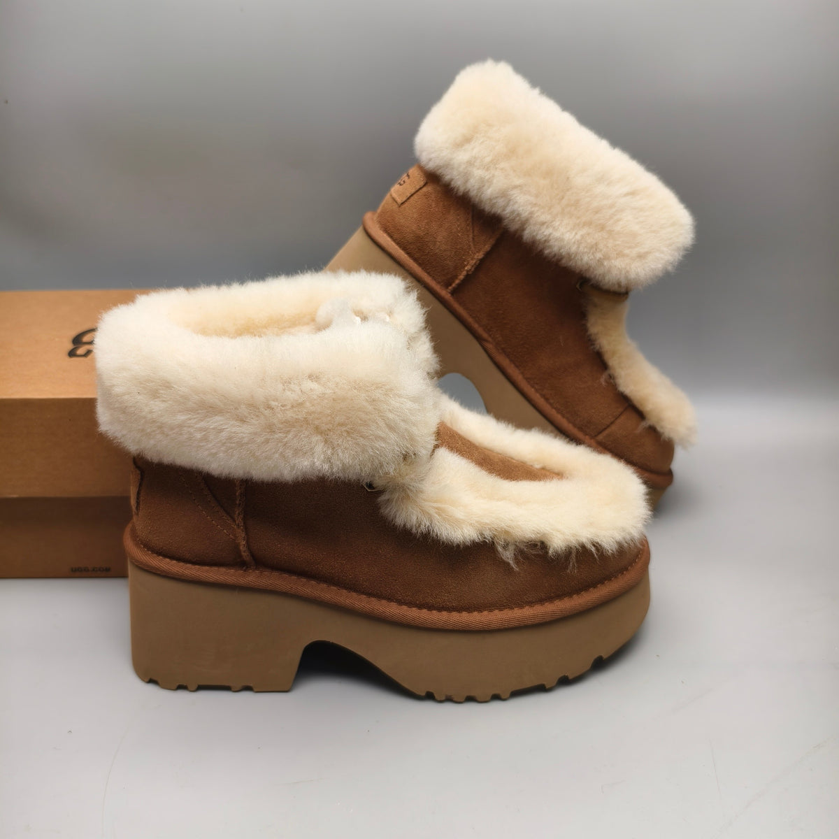 1532 Esme Chestnut Lace-Up Wedge Ankle Boots with Fluffy Trim