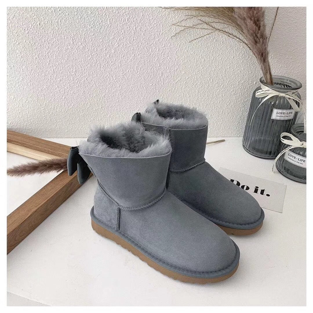 3130 Gray Bow-Detail Ankle Boots