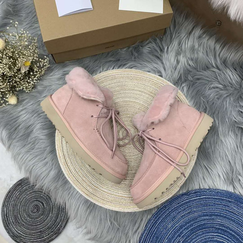 3090 Pink Fluffy-Cuff Lace-Up Ankle Boots