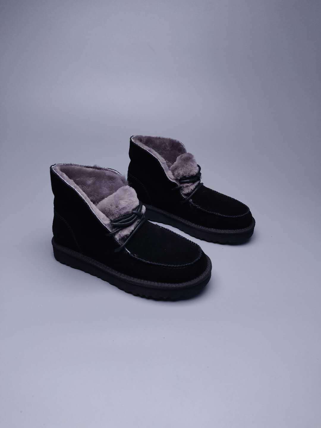 3090 Black Fluffy-Cuff Lace-Up Ankle Boots