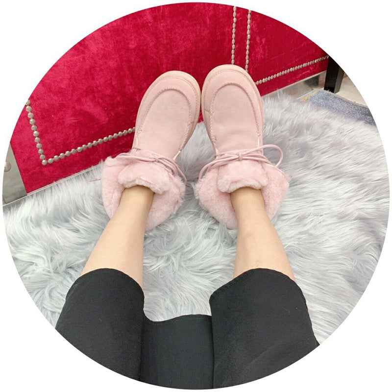 3090 Pink Fluffy-Cuff Lace-Up Ankle Boots