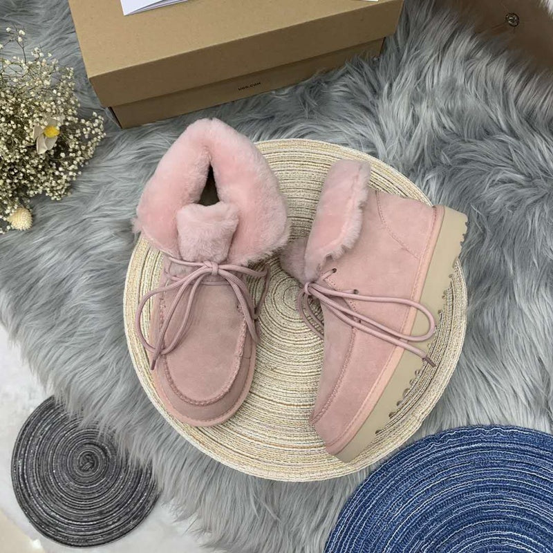 3090 Pink Fluffy-Cuff Lace-Up Ankle Boots