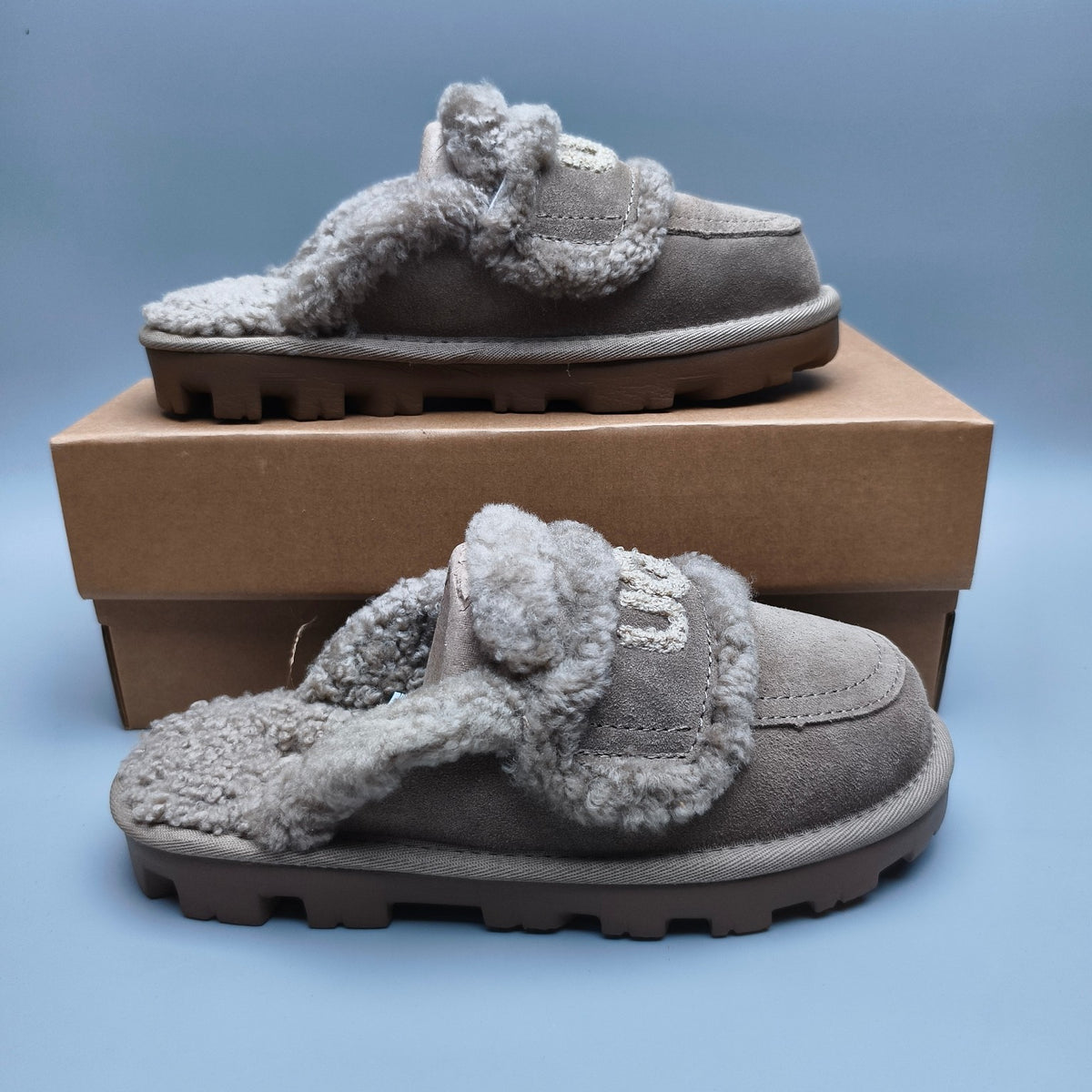 Antelope Brown Curly Plush Logo Slippers – 1206