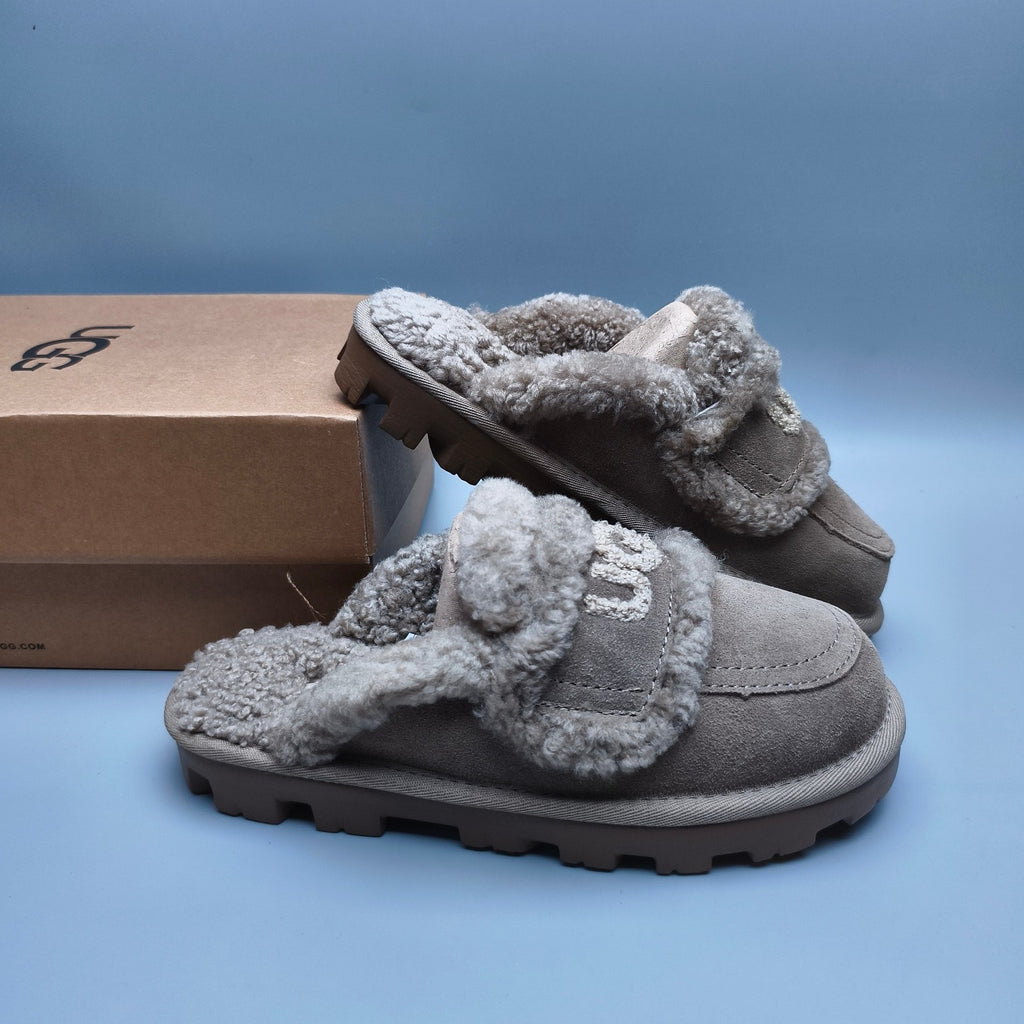 Antelope Brown Curly Plush Logo Slippers – 1206
