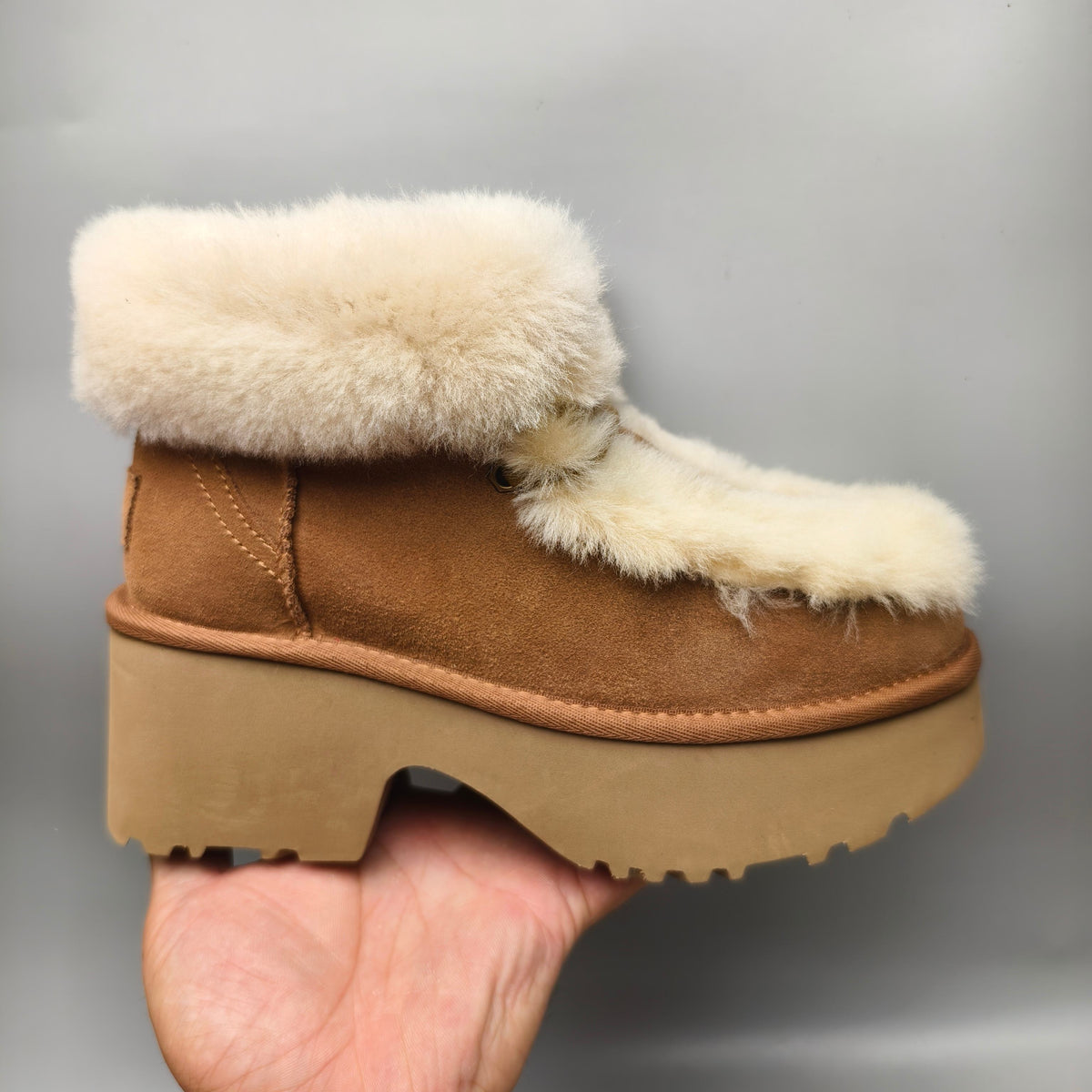 1532 Esme Chestnut Lace-Up Wedge Ankle Boots with Fluffy Trim