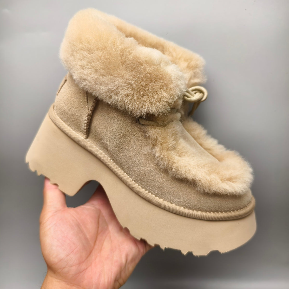 1532 Esme Mustard Lace-Up Wedge Ankle Boots with Fluffy Trim
