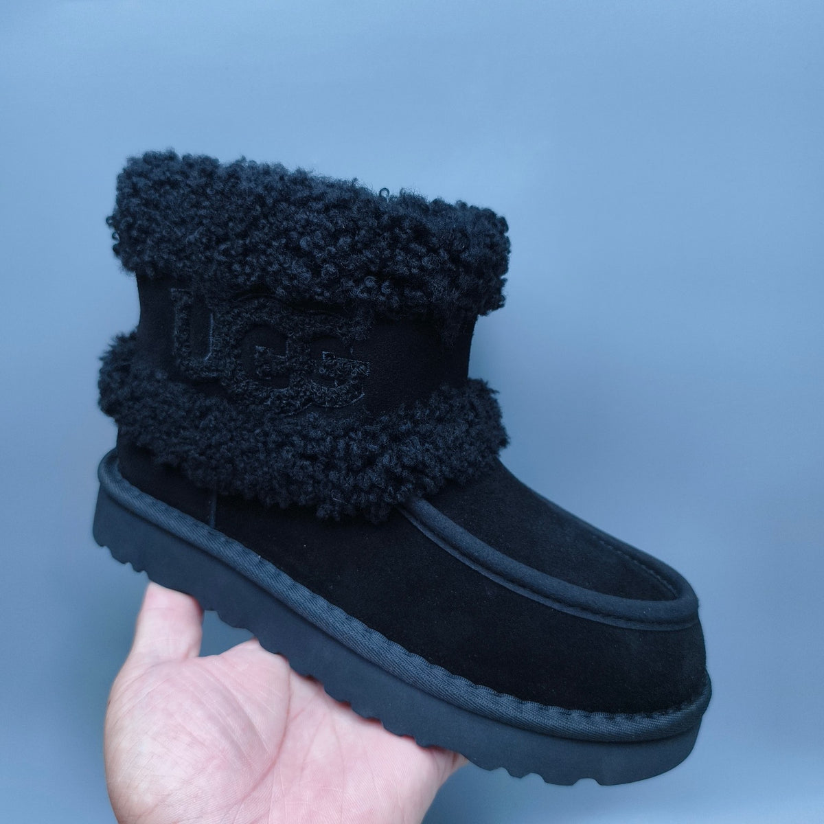 5410 Black Curly-Texture Large-Logo Mid-Top Boots