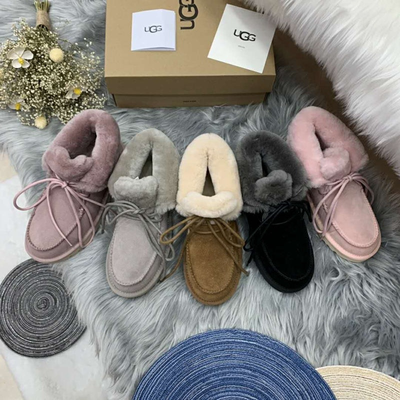 3090 Pink Fluffy-Cuff Lace-Up Ankle Boots