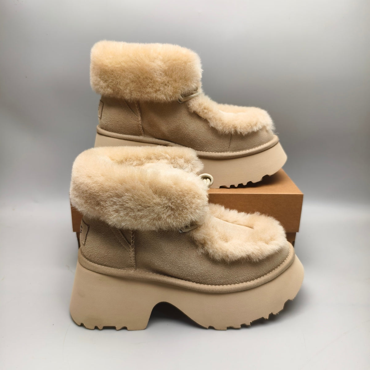 1532 Esme Mustard Lace-Up Wedge Ankle Boots with Fluffy Trim