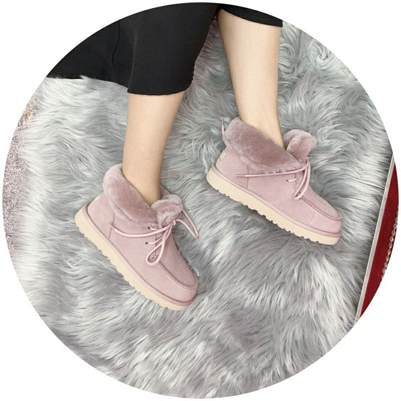 3090 Pink Fluffy-Cuff Lace-Up Ankle Boots