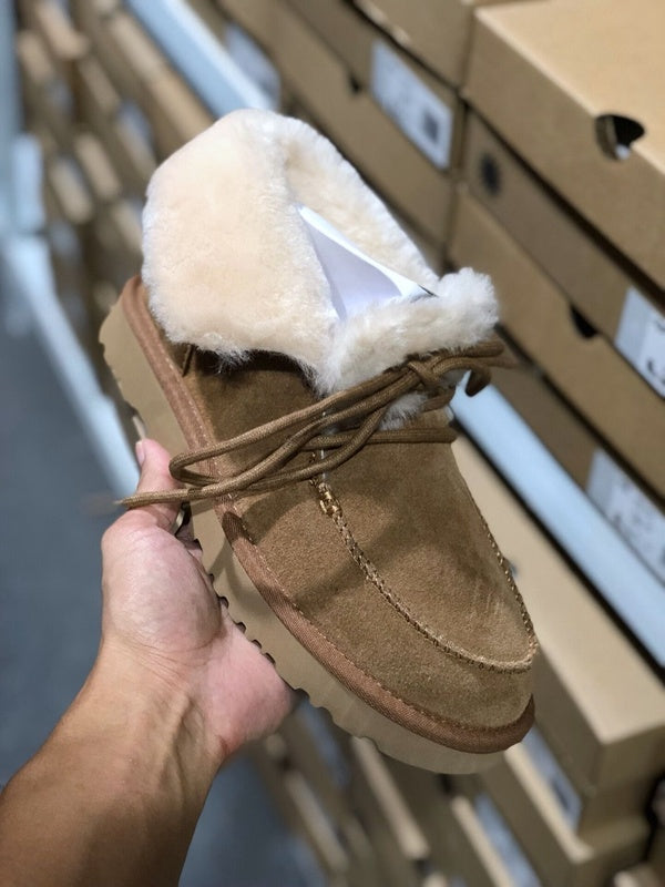 3090 Chestnut Fluffy-Cuff Lace-Up Ankle Boots