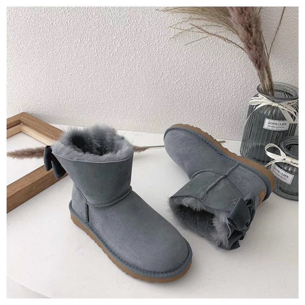 3130 Gray Bow-Detail Ankle Boots
