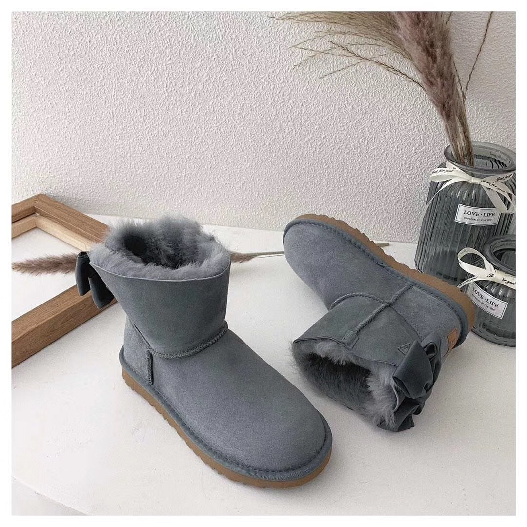 3130 Gray Bow-Detail Ankle Boots