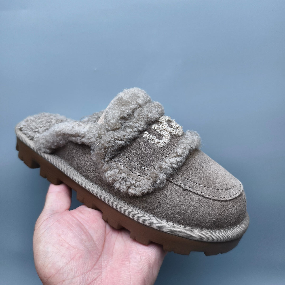 Antelope Brown Curly Plush Logo Slippers – 1206