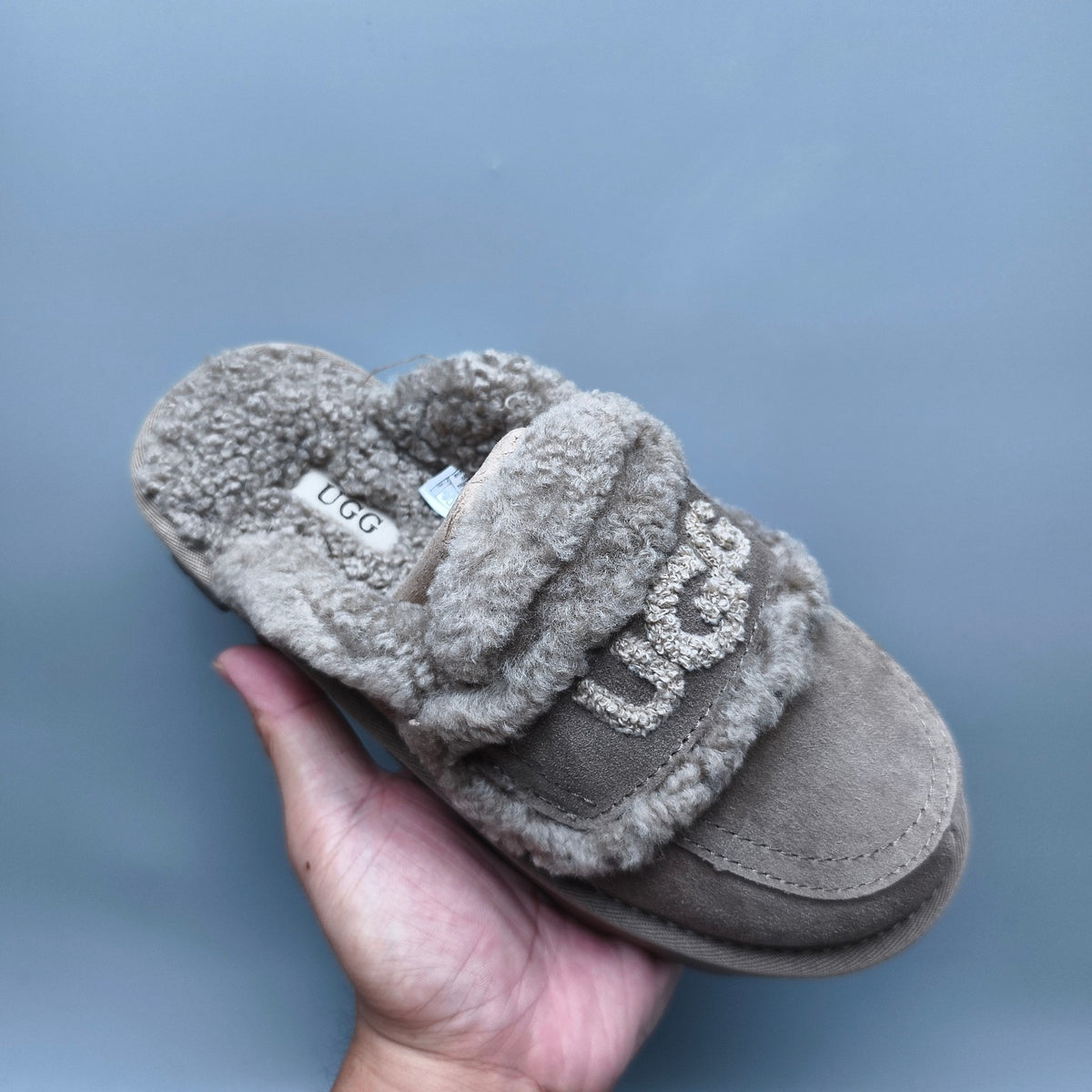 Antelope Brown Curly Plush Logo Slippers – 1206