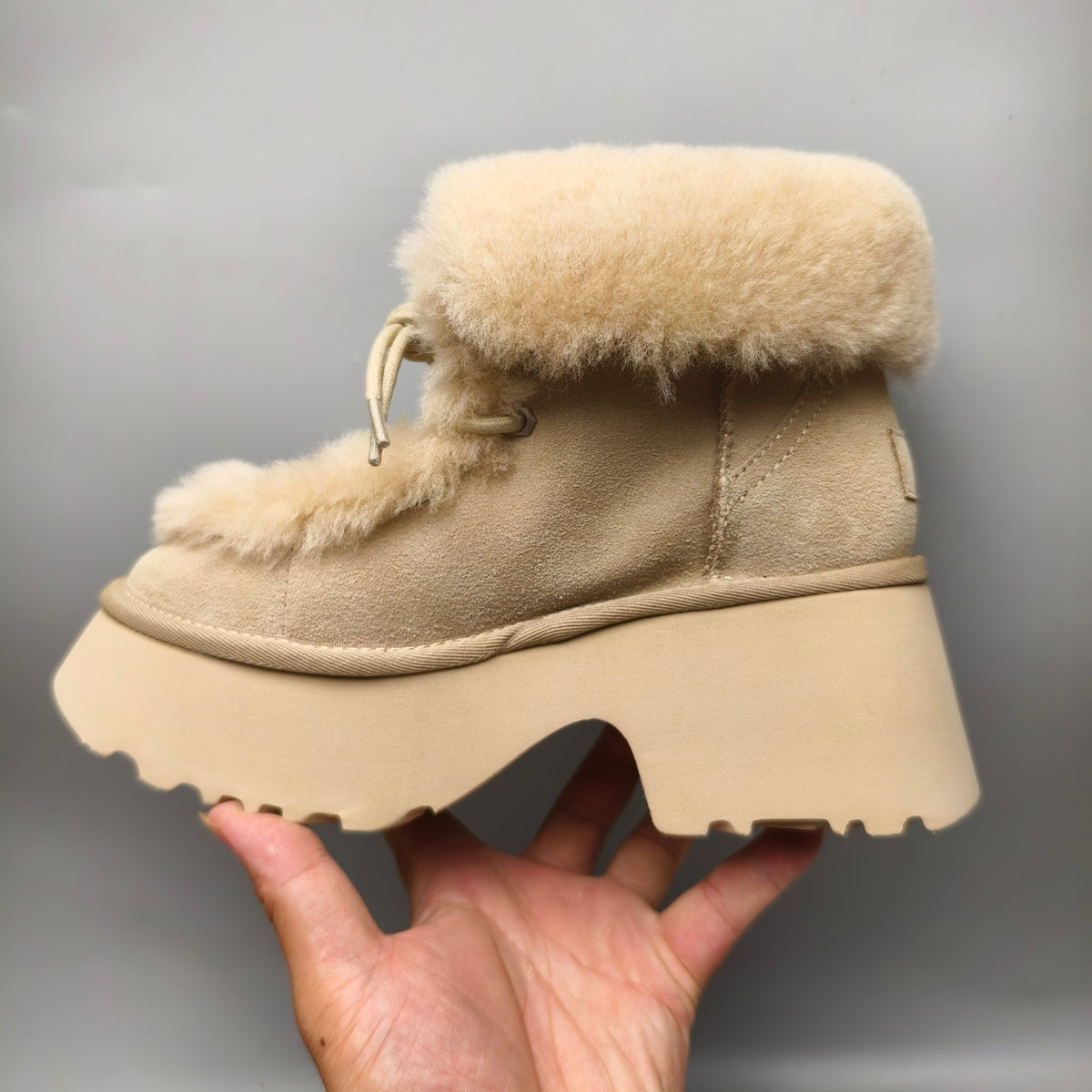 1532 Esme Mustard Lace-Up Wedge Ankle Boots with Fluffy Trim