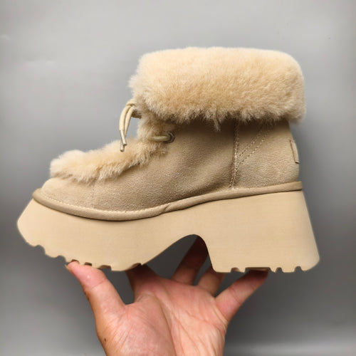 1532 Esme Mustard Lace-Up Wedge Ankle Boots with Fluffy Trim