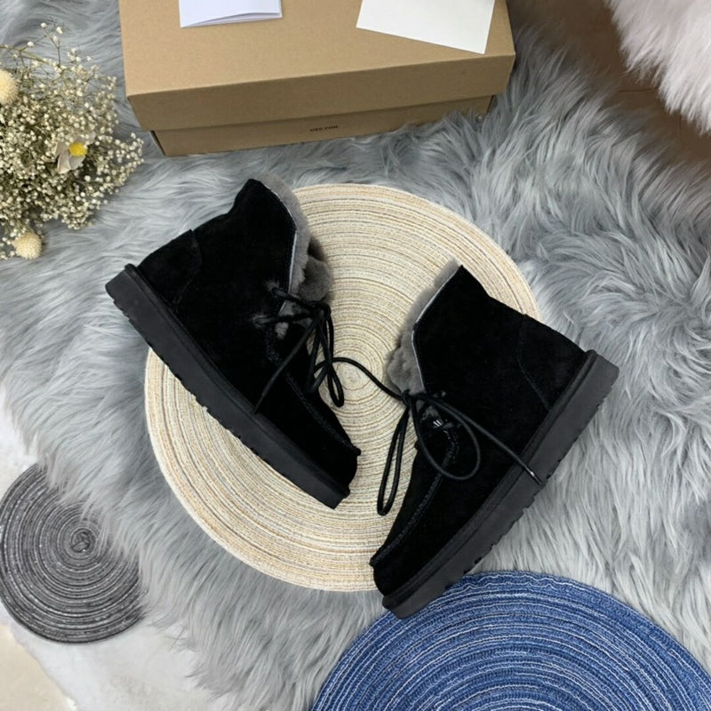 3090 Black Fluffy-Cuff Lace-Up Ankle Boots