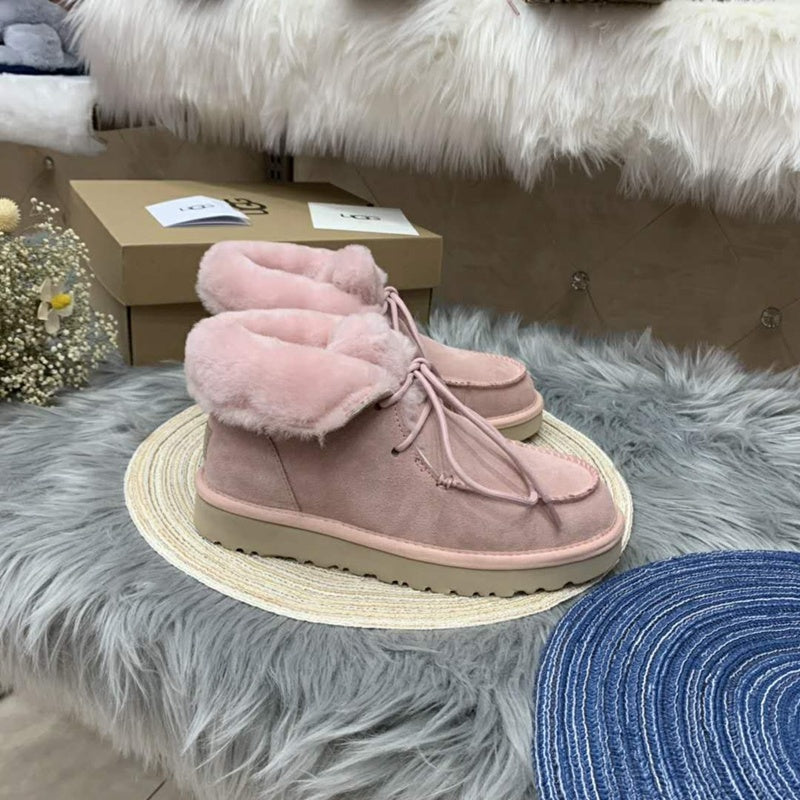 3090 Pink Fluffy-Cuff Lace-Up Ankle Boots