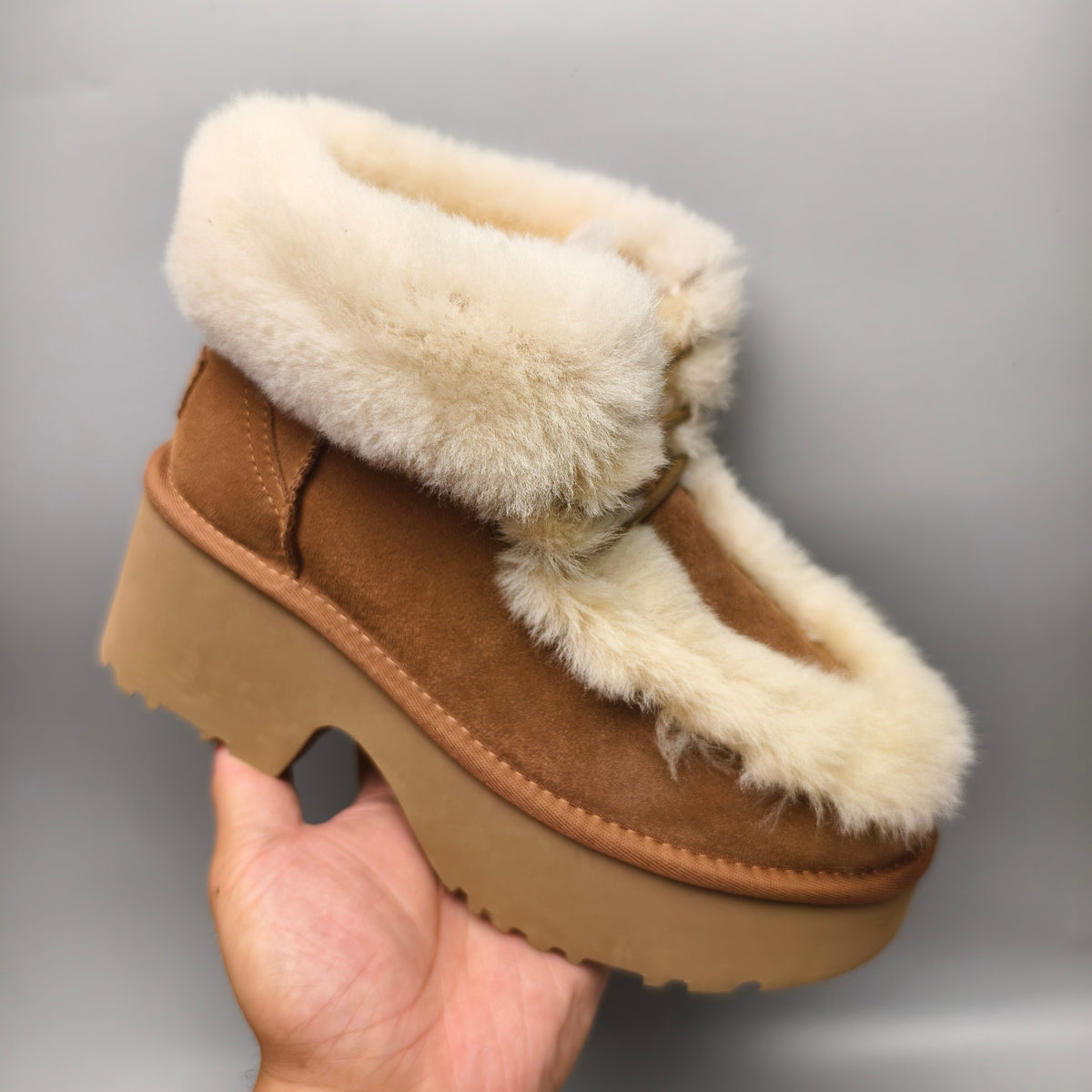 1532 Esme Chestnut Lace-Up Wedge Ankle Boots with Fluffy Trim