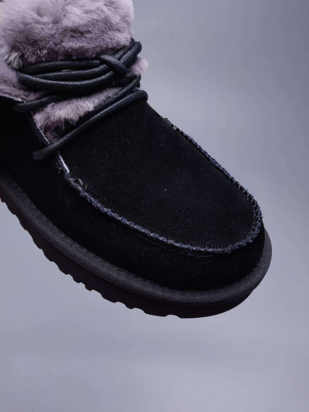 3090 Black Fluffy-Cuff Lace-Up Ankle Boots