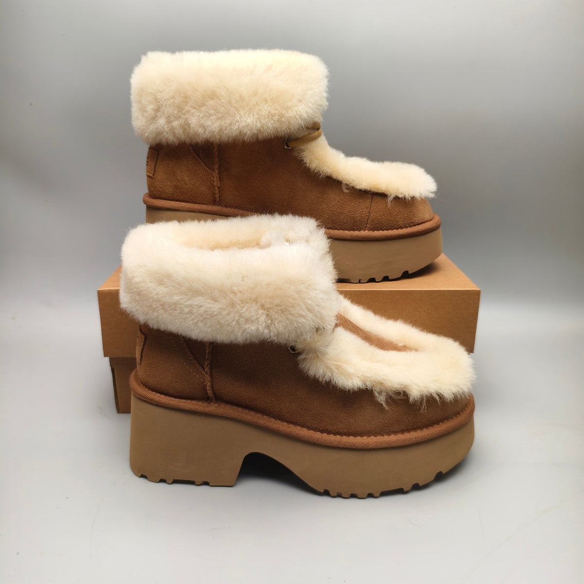 1532 Esme Chestnut Lace-Up Wedge Ankle Boots with Fluffy Trim