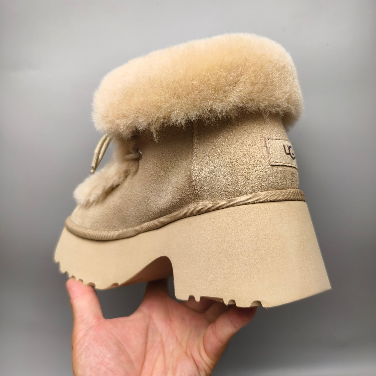 1532 Esme Mustard Lace-Up Wedge Ankle Boots with Fluffy Trim