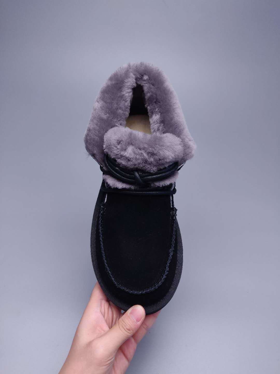 3090 Black Fluffy-Cuff Lace-Up Ankle Boots