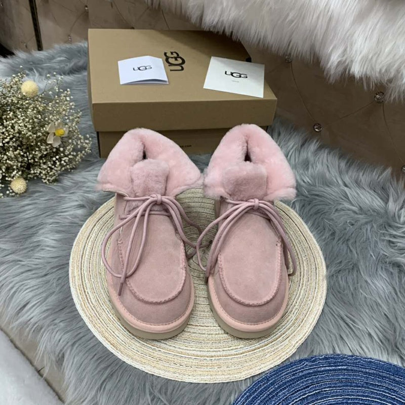 3090 Pink Fluffy-Cuff Lace-Up Ankle Boots