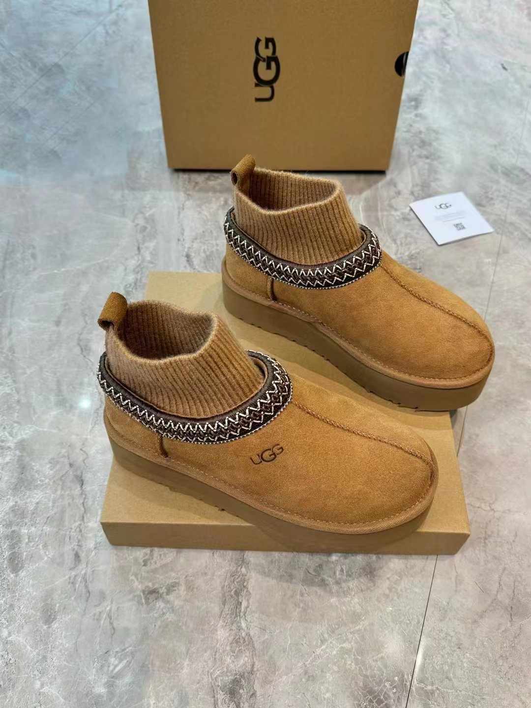 1125956 Folk-Inspired Suede Winter Boots with Wool-Blend Sock Cuffs