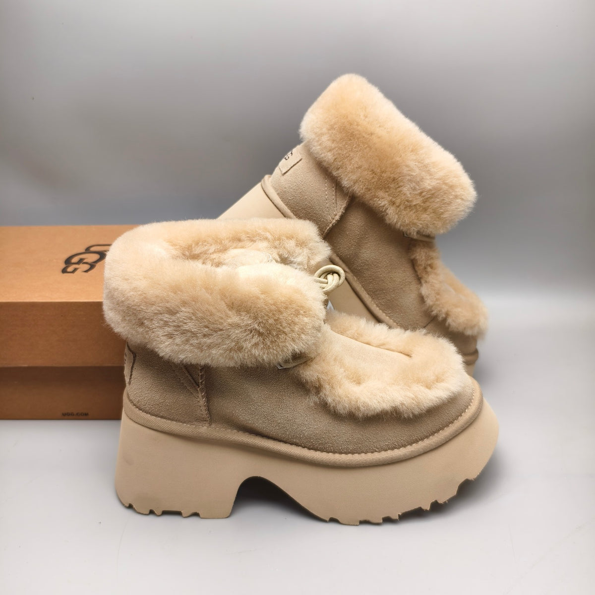 1532 Esme Mustard Lace-Up Wedge Ankle Boots with Fluffy Trim