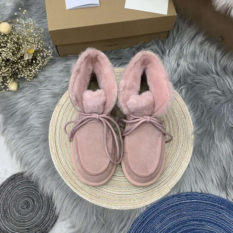 3090 Pink Fluffy-Cuff Lace-Up Ankle Boots