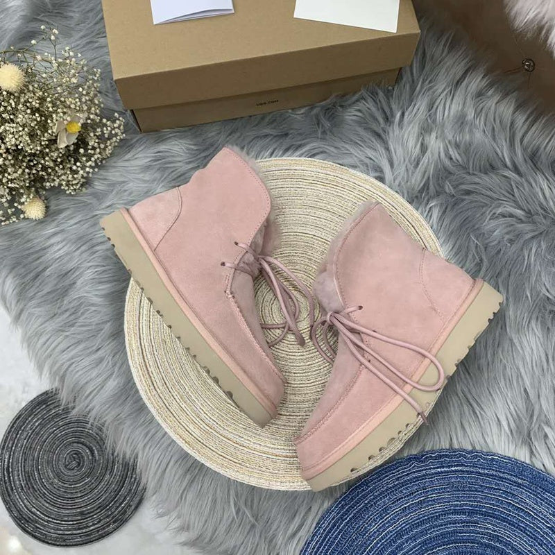 3090 Pink Fluffy-Cuff Lace-Up Ankle Boots